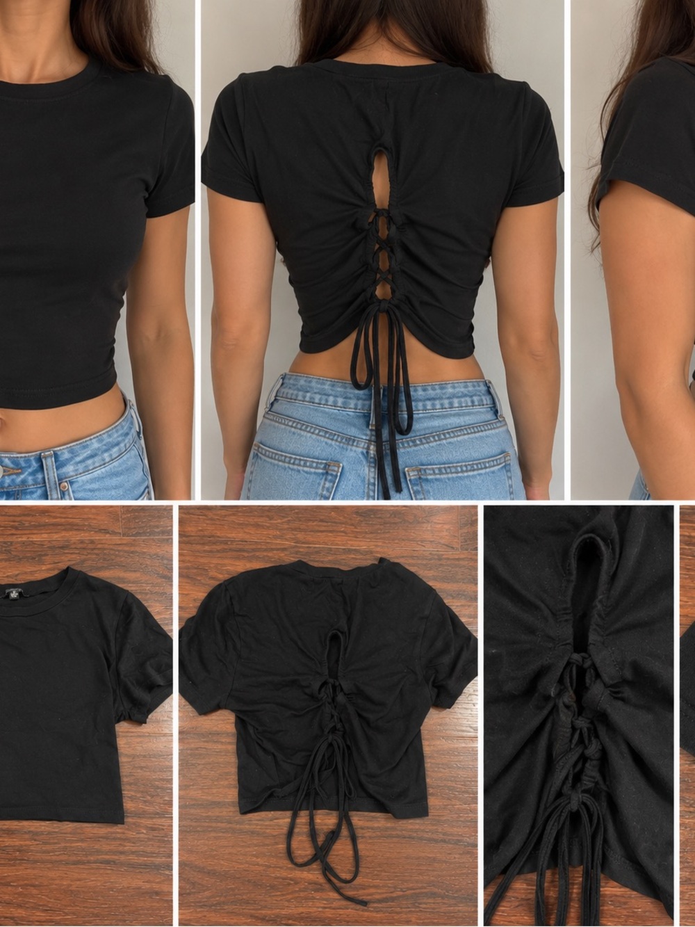 Ambiance Black Ruched Lace-Up Back Crop Top